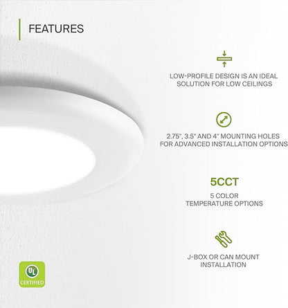 ASD 12 Pack LED Disk Lights 4 Inch, 10W 5CCT 2700K-5000K 685LM CRI90+, Dimmable Flush Mount Ceiling Light Fixture, Low Profile Surface Mount Disc, Junction Box or Recessed Can Install, UL Energy Star