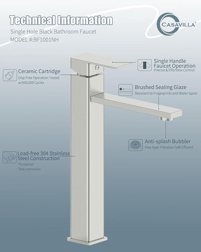 Bathroom Faucets, Brushed Bathroom Sink Faucet Set with Pop Up Drain, Single Hole Single Handle High Barrel Sink Vanity Faucet, Stainless Steel Lead-Free