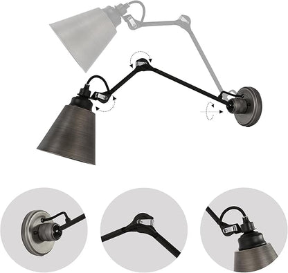 KSANA Modern 2 Pack Swing Arm Wall Sconce, Black Brushed Silver Plug-in or Hardwired Sconces Lighting, Adjustable Wall Mounted Lamp with On/Off Switch for Bathroom, Bedroom, Kitchen, Living Room