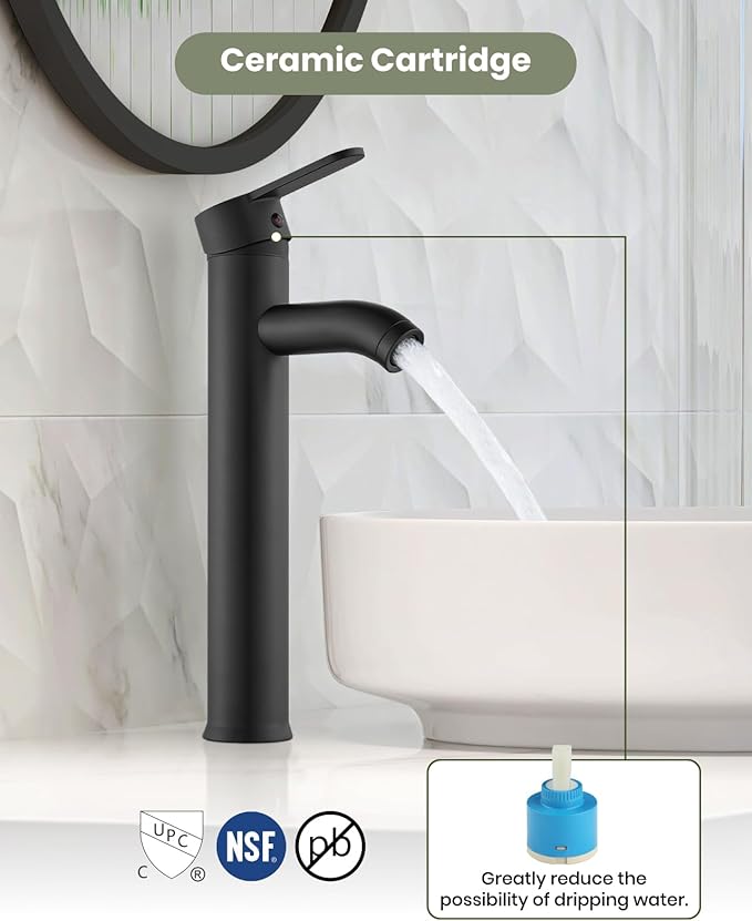 gotonovo Vessel Sink Faucet Modern Tall Bathroom Faucet Single Handle One Hole Stainless Steel Vanity Lavatory Rv Bowl Basin Mixer Tap with Supply Lines and Metal Pop Up Drain, Matte Black