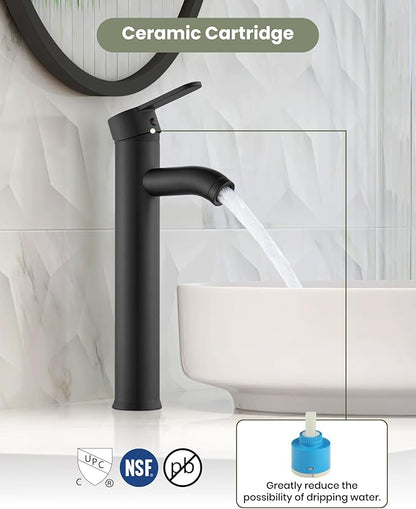 gotonovo Vessel Sink Faucet Modern Tall Bathroom Faucet Single Handle One Hole Stainless Steel Vanity Lavatory Rv Bowl Basin Mixer Tap with Supply Lines and Metal Pop Up Drain, Matte Black