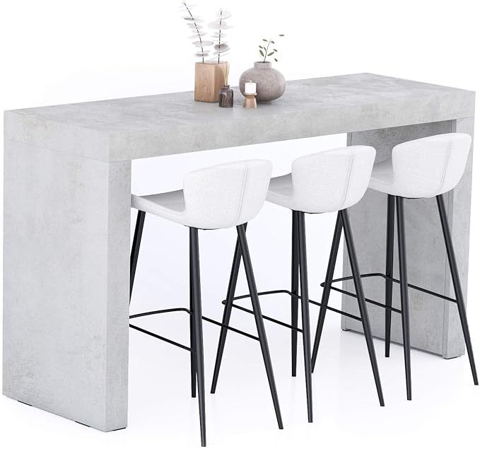 Mobili Fiver Evolution Tall Kitchen Bar Table Made in Italy | Space Saving, Counter Height Table for 6 | Modern Breakfast Bar Counter Top w/Cable Holder | Concrete Grey Effect | 70,9'' x 23,6" in