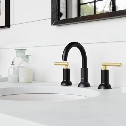 Pfister Capistrano Bathroom Sink Faucet, 8-Inch Widespread, 2-Handle, 3-Hole, NSF Certified, Matte Black and Brushed Gold Finish, LF049CSOBBG