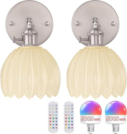 Shenmoyl Vintage 5000 mAh Battery Operated Wall Sconce with Cream Tulip Glass Lampshade Rechargeable Battery Powered Wall Light with Remote Control for Bedroom Doorway, Set of 2