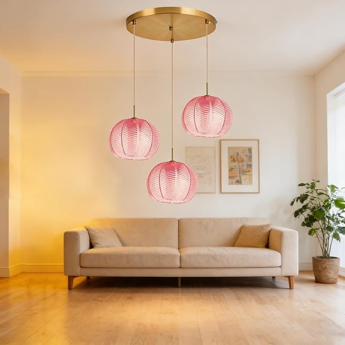 Cluster Chandelier 3-Lights Gold Pink Pendant Light Fixtures Glass Globe Chandeliers Dining Room Classic Glass Ball 8.6" Shade Adjustable Height Mid Century Modern Chandelier