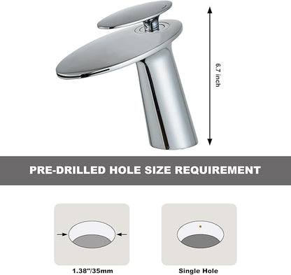 Wovier Chrome Waterfall Bathroom Sink Faucet,Single Handle Single Hole Brass Lavatory Vanity Faucet,Slanted Body Basin Mixer Tap with Supply Hose and Pop Up Drain Assembly