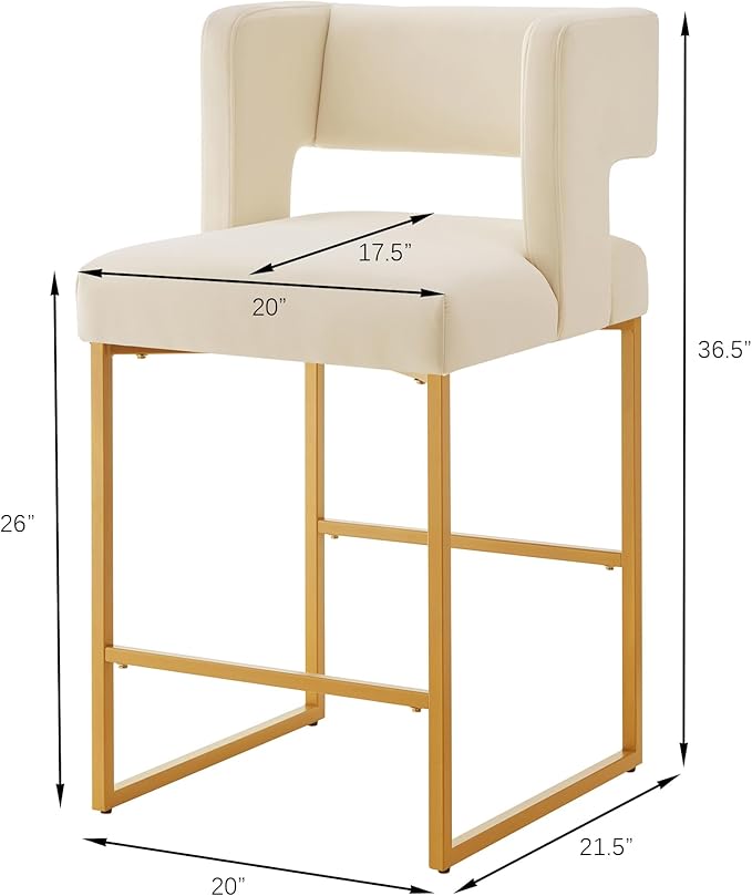 Counter Height Bar Stools with Unique Square Open Backrest, Set of 2 Bar Chairs with Sturdy Iron Legs, 26" H Counter Height Chairs for Kitchen Islands, Cream,Gold