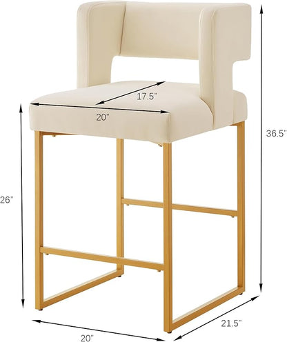 Counter Height Bar Stools with Unique Square Open Backrest, Set of 2 Bar Chairs with Sturdy Iron Legs, 26" H Counter Height Chairs for Kitchen Islands, Cream,Gold