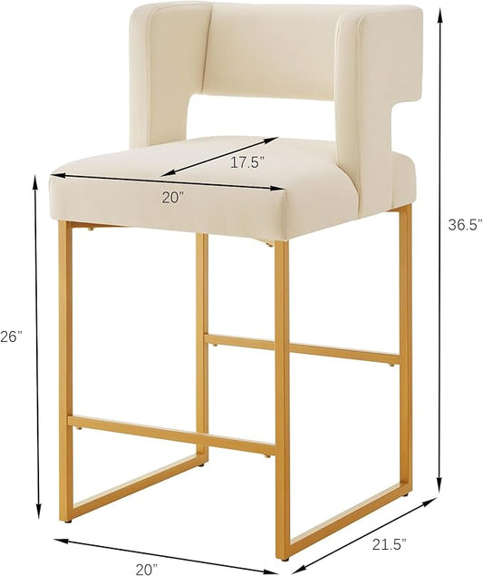 Counter Height Bar Stools with Unique Square Open Backrest, Set of 2 Bar Chairs with Sturdy Iron Legs, 26" H Counter Height Chairs for Kitchen Islands, Cream,Gold