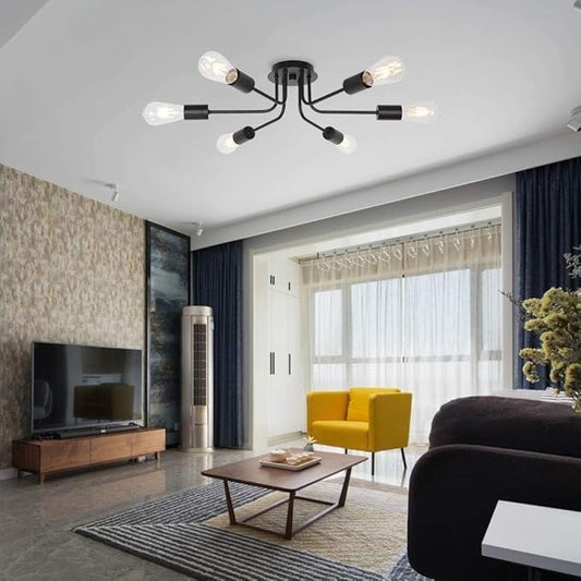 Semi Flush Mount Ceiling Light Fixture 6-Light Modern Sputnik Chandelier Lighting Black Vintage Metal Ceiling Lamp E26 Living Room Light Fixtures for Kitchen Dining Room Bedroom Foyer
