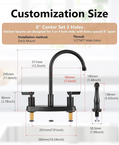 Kitchen Faucet with Sprayer 2 Handle Kitchen Sink Faucets 8 Inch Centerset 3 Hole with Supply Lines Oil Rubbed Bronze