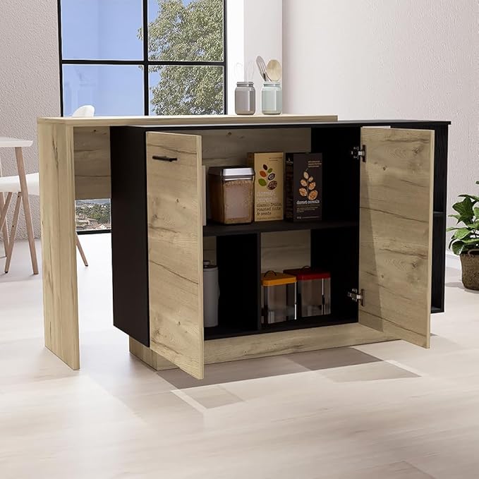 GOWE Kitchen Island, Double Door Cabinets, Two External Shelves, Three Shelves, Black/Light Oak
