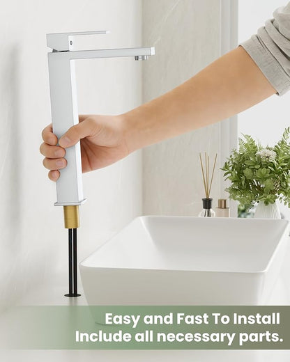 gotonovo Vessel Sink Faucet Single Handle Tall Bathroom Faucet One Hole Modern Lavatory Vanity Basin Mixer Tap Matching Supply Hoses and Pop up Drain Without Overflow, Polish Chrome