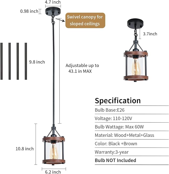 Farmhouse Pendant Light, Rustic Walnut Wood Metal Cage Hanging Light Fixtures with Glass, Adjustable for Flat and Slop Ceiling, Pendant Lighting for Kitchen Island Foyer Hallway,2-Pack