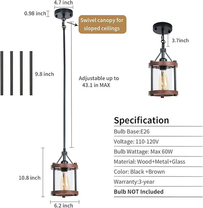 Farmhouse Pendant Light, Rustic Walnut Wood Metal Cage Hanging Light Fixtures with Glass, Adjustable for Flat and Slop Ceiling, Pendant Lighting for Kitchen Island Foyer Hallway,2-Pack