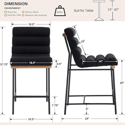 Black Linen Bar stools Set of 6, 25” Modern Upholstered Counter Stools with Black Metal Legs, Armless Counter Height Barstools with Channel Tufted Back for Kitchen Island Home Pub
