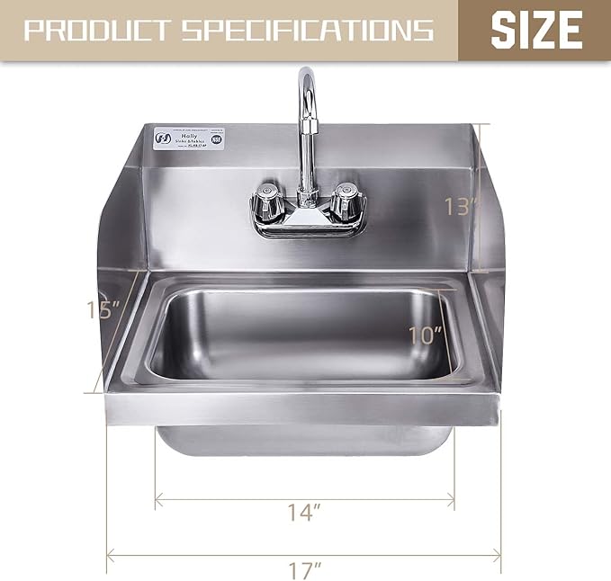 HALLY Stainless Steel Sink for Washing with Faucet and Side Splash, NSF Commercial Wall Mount Hand Basin for Restaurant, Kitchen and Home, 17 x 15 Inches
