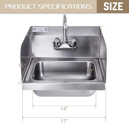 HALLY Stainless Steel Sink for Washing with Faucet and Side Splash, NSF Commercial Wall Mount Hand Basin for Restaurant, Kitchen and Home, 17 x 15 Inches