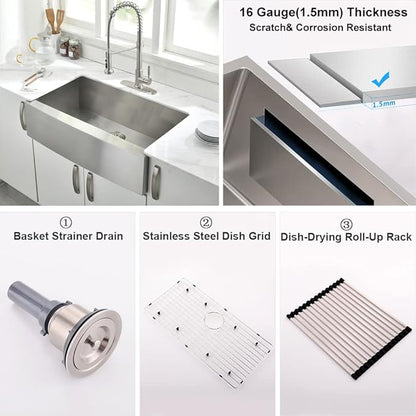 33 Inch Farmhouse Sink Stainless Steel -VOKIM 33x22 Inch Apron Front Kitchen Sink 16 Gauge 304 Stainless Steel Single Bowl Farm Sink