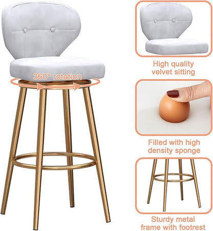 Counter Height stools Set of 2, 360° s with Back and Footrest, Thickened Upholstered Cushion, Tall Chairs for Kitchen Island, Dining Room, Home, Cafe,White-Sitting Height 75cm