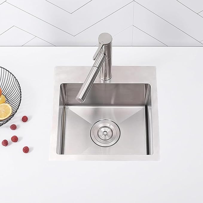 KINGO HOME Drop In Bar Sink,15 x 15 Inch Topmount RV 16 Gauge Stainless Steel Single Bowl Small Kitchen Sink,Outdoor Handmade Stainless Steel Wet Bar Perp Sink with Drain