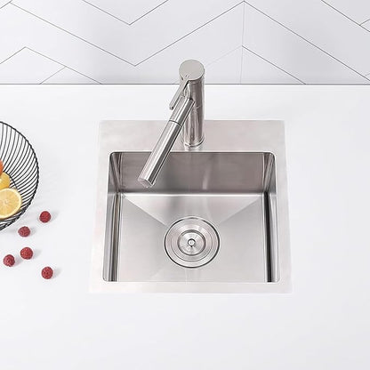 KINGO HOME Drop In Bar Sink,15 x 15 Inch Topmount RV 16 Gauge Stainless Steel Single Bowl Small Kitchen Sink,Outdoor Handmade Stainless Steel Wet Bar Perp Sink with Drain