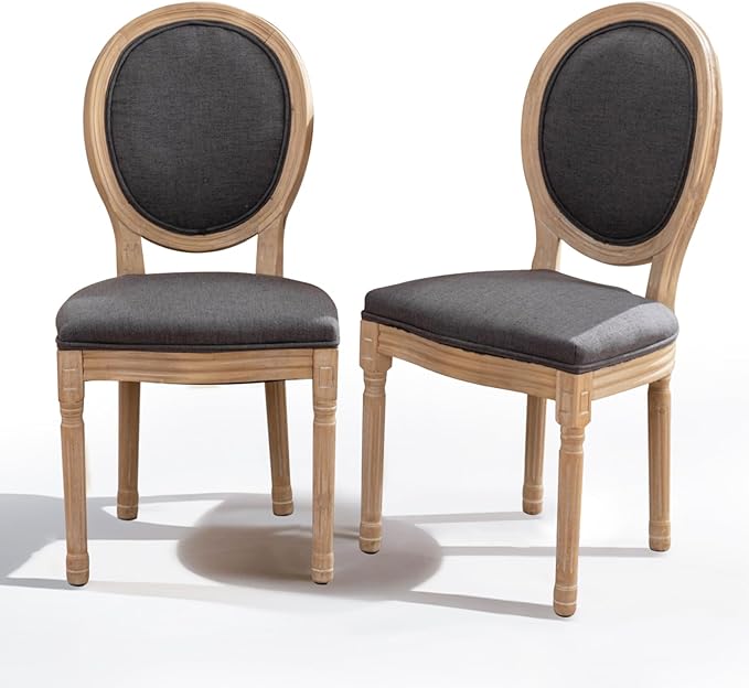 SoarFlash Linen French Dining Chairs Set of 2, Vantage Dining Chair with Round Back, Wood Leg Farmhouse Country Dining Chair for Living Room,Kitchen,Bedroom,Deep Grey