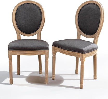 SoarFlash Linen French Dining Chairs Set of 2, Vantage Dining Chair with Round Back, Wood Leg Farmhouse Country Dining Chair for Living Room,Kitchen,Bedroom,Deep Grey