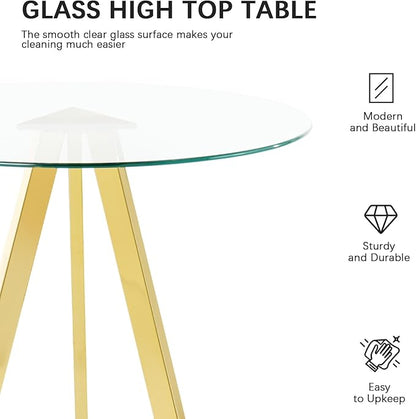 yeag 31.5'' Luxury Gold Bistro Table and Adjustable Chairs Set for 4, Small Round Glass Bar Table 4 Adjustable Velvet Swivel Bar Stools for Pub (Gold Metal Legs, Clear Top + Grey Chair)