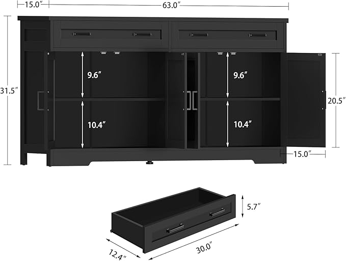 TEENFON 63” Buffet Cabinet with Storage and 2 Drawers, Large Sideboard Cabinet with Adjustable Shelves and 4 Doors, Coffee Bar, Buffet Table for Kitchen, Dining Room, Black