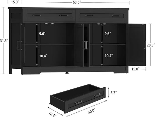 TEENFON 63” Buffet Cabinet with Storage and 2 Drawers, Large Sideboard Cabinet with Adjustable Shelves and 4 Doors, Coffee Bar, Buffet Table for Kitchen, Dining Room, Black