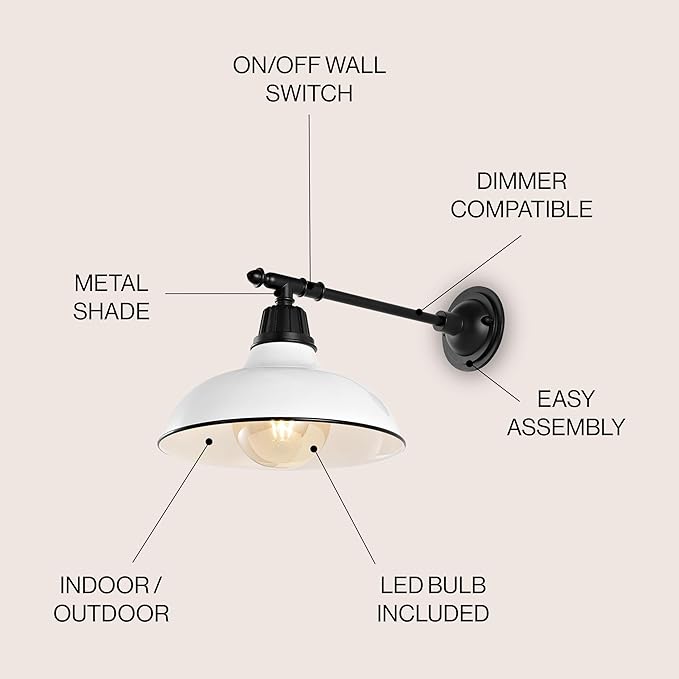 JONATHAN Y 12.25" White/Black 1-Light Industrial Farmhouse Outdoor Sconce, Iron Wall Light with LED Bulb, Metal Bowl Shade, Vintage Porch Lamp for Entryway Patio Kitchen JYL7615A