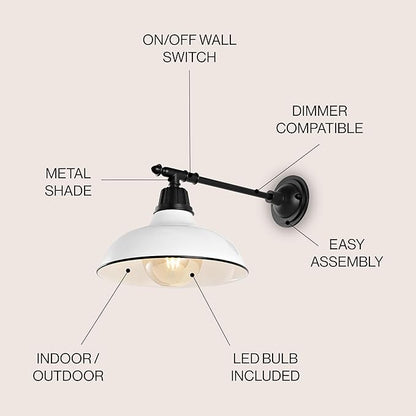 JONATHAN Y 12.25" White/Black 1-Light Industrial Farmhouse Outdoor Sconce, Iron Wall Light with LED Bulb, Metal Bowl Shade, Vintage Porch Lamp for Entryway Patio Kitchen JYL7615A
