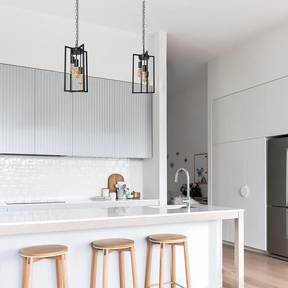 Modern Black Industrial Farmhouse Pendant Lighting, Rectangle Metal Cage Chandelier Hanging Light Fixture for Kitchen Island, Dining Room, Entryway, Hallway (3-Light)