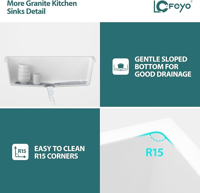33x19 Inch White Granite Composite Quartz Undermount Single Bowl Kitchen Sink Under Counter Contemporary Kitchen Deep Sink Basin 33"x19"