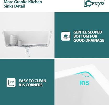 33x19 Inch White Granite Composite Quartz Undermount Single Bowl Kitchen Sink Under Counter Contemporary Kitchen Deep Sink Basin 33"x19"