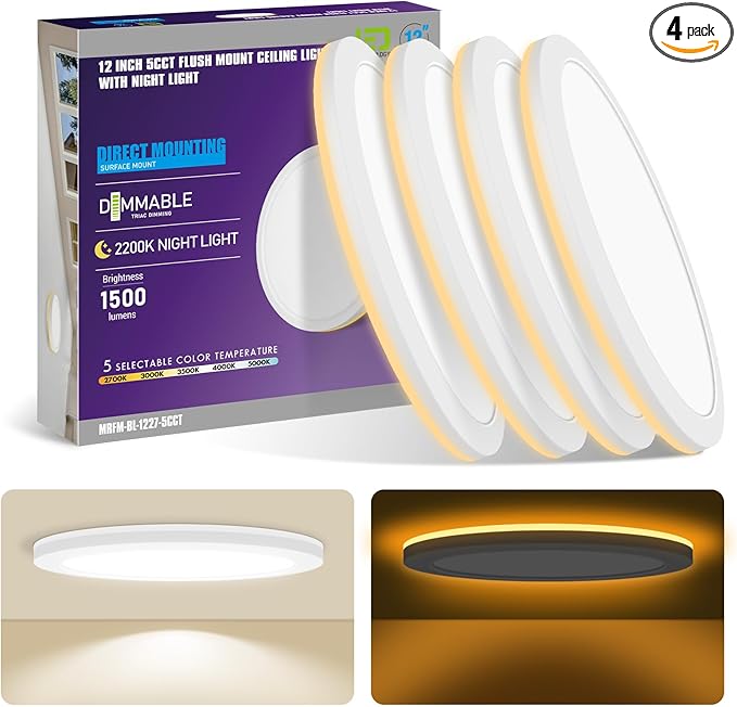 mw 4 Pack 12 Inch LED Flush Mount Ceiling Light Fixture with Night Light,24W, 120V, 2700K/3000K/3500K/4000K/5000K Selectable, Wired (No Remote),LED Ceiling Light with Night Light,ETL Certified