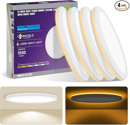 mw 4 Pack 12 Inch LED Flush Mount Ceiling Light Fixture with Night Light,24W, 120V, 2700K/3000K/3500K/4000K/5000K Selectable, Wired (No Remote),LED Ceiling Light with Night Light,ETL Certified