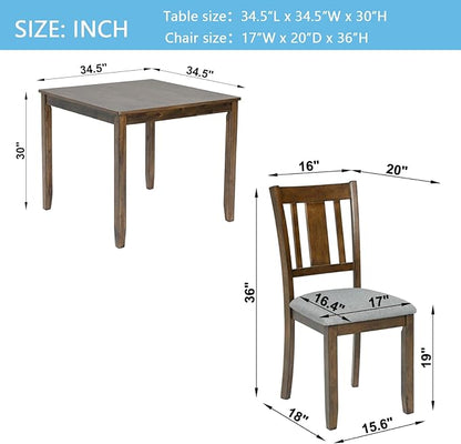 5-Piece Solid Wood Dining Table Set with 4 Upholstered Chairs, Square Dining Table Set for 4, Modern Kitchen and Dining Room Table and Chairs Set of 4, Walnut
