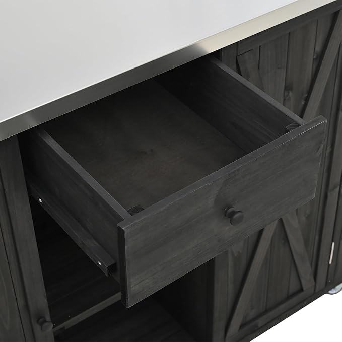 YOPTO Outdoor Kitchen Island Fir Wood Kitchen Island with Stainless Steel Top,Ample Storage Space,Towel and Spice Racks and a Bottle Opener for Outdoor,Black