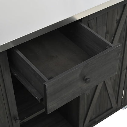 YOPTO Outdoor Kitchen Island Fir Wood Kitchen Island with Stainless Steel Top,Ample Storage Space,Towel and Spice Racks and a Bottle Opener for Outdoor,Black
