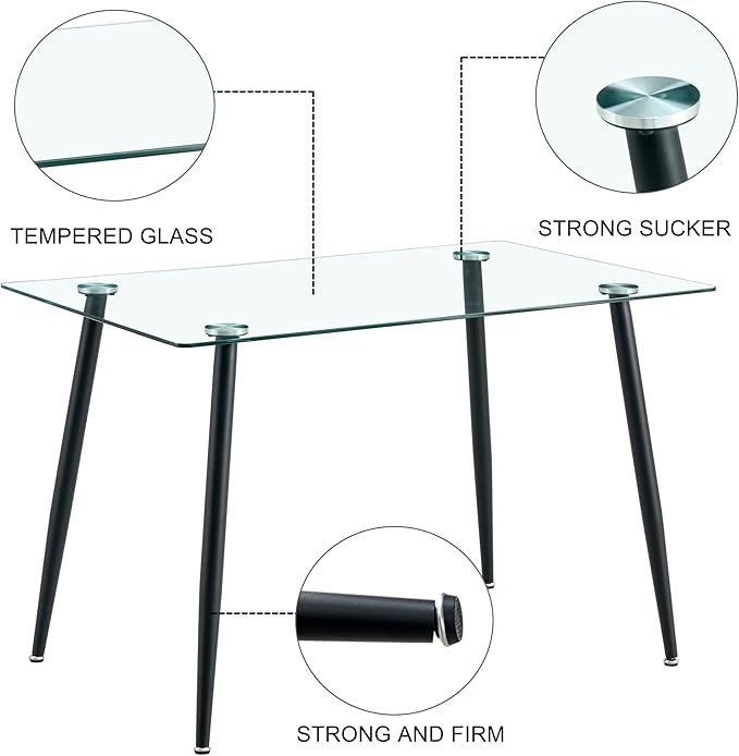 Baysitone Glass Dining Table for 4 with 51 inch Clear Rectangular Glass Top, 0.31" Modern Tempered Glass Kitchen Table Furniture with 4 Black Plating Metal Legs for Home Dining Room