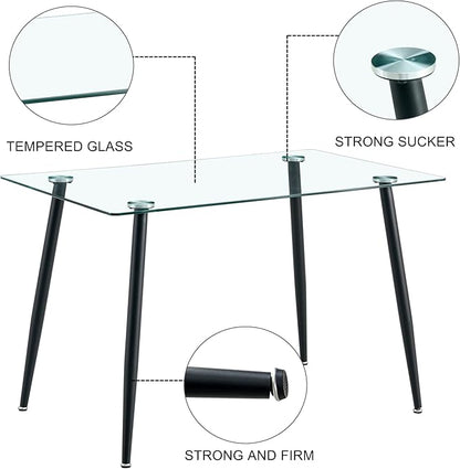Baysitone Glass Dining Table for 4 with 51 inch Clear Rectangular Glass Top, 0.31" Modern Tempered Glass Kitchen Table Furniture with 4 Black Plating Metal Legs for Home Dining Room
