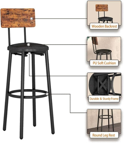 Bar Table Set for 2 with 2 PU Upholstered Stools, Pub Bistro Dinning Table and Stools with Backrest, Counter Height Bar Table Set for Apartment, Kitchen, Small Space