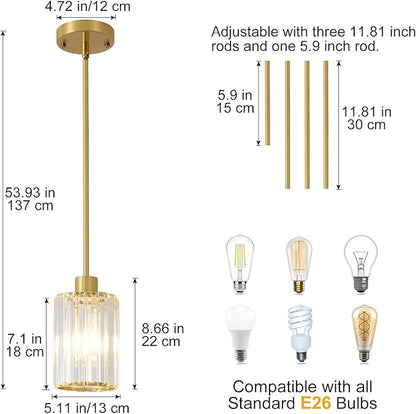 2 Pack Gold Pendant Lights for Kitchen Island, Modern Crystal Kitchen Hanging Light Fixtures, Mini Crystal Pendant Lights for Kitchen, Dining Room, Hallway, Foyer, Entryways