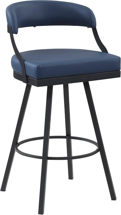 Lexicon Swivel Bar Stools Set of 2 - Bar Height Stools for Kitchen Island, Padded Seat, Open Back, Sturdy Black Metal Frame Finish and Blue Faux Leather Cushion Seat, Blue