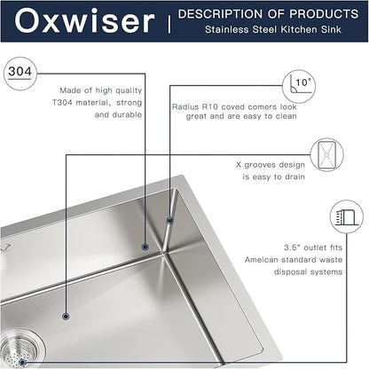Kitchen Sink 30x18 Inch Undermount Sink Stainless Steel 16 Gauge Single Bowl Kitchen Sinks Set (5 Item Bundle: Sink, Bottom Grid, Drain Assembly, Drain Cap, Towel)