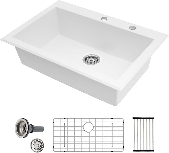 Sarlai Granite Composite Kitchen Sink 33 Inch White Kitchen Sink Drop In 33×22 Granite Kitchen Sinks Topmount White Quartz Classic Above Counter Single Bowl Basin