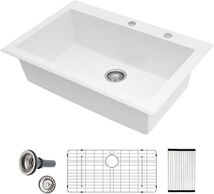 Sarlai Granite Composite Kitchen Sink 33 Inch White Kitchen Sink Drop In 33×22 Granite Kitchen Sinks Topmount White Quartz Classic Above Counter Single Bowl Basin