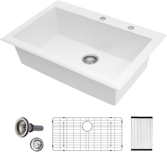 Sarlai Granite Composite Kitchen Sink 33 Inch White Kitchen Sink Drop In 33×22 Granite Kitchen Sinks Topmount White Quartz Classic Above Counter Single Bowl Basin